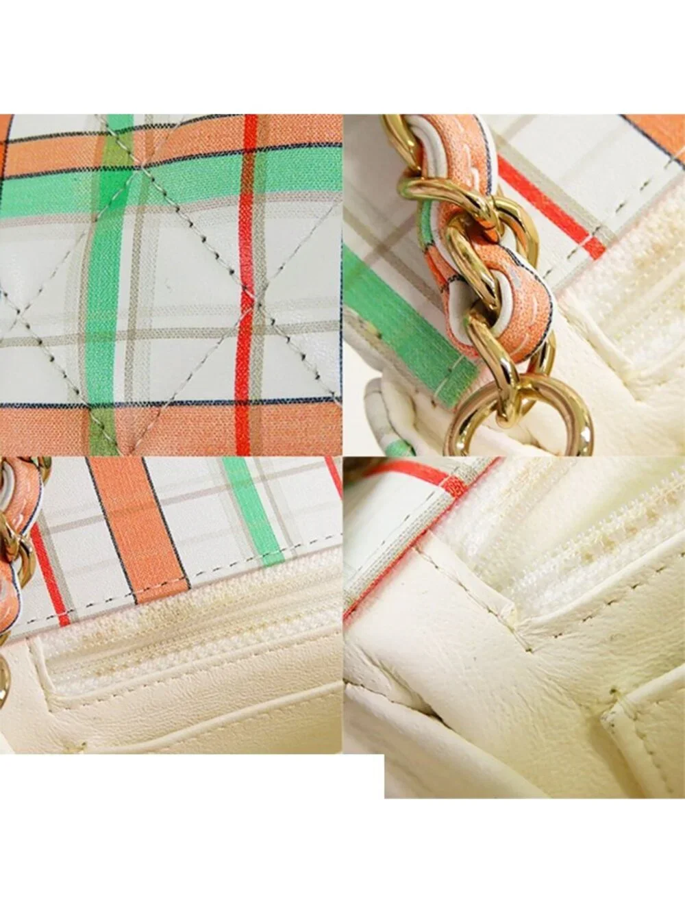 Chanel Single Flap Bag White Orange Green Leather Mini Quilted 20 Plaid Chain